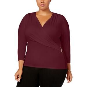 Charter Club women 3/4 Sleeve V Neck Pullover Wrap maroon Top-3X